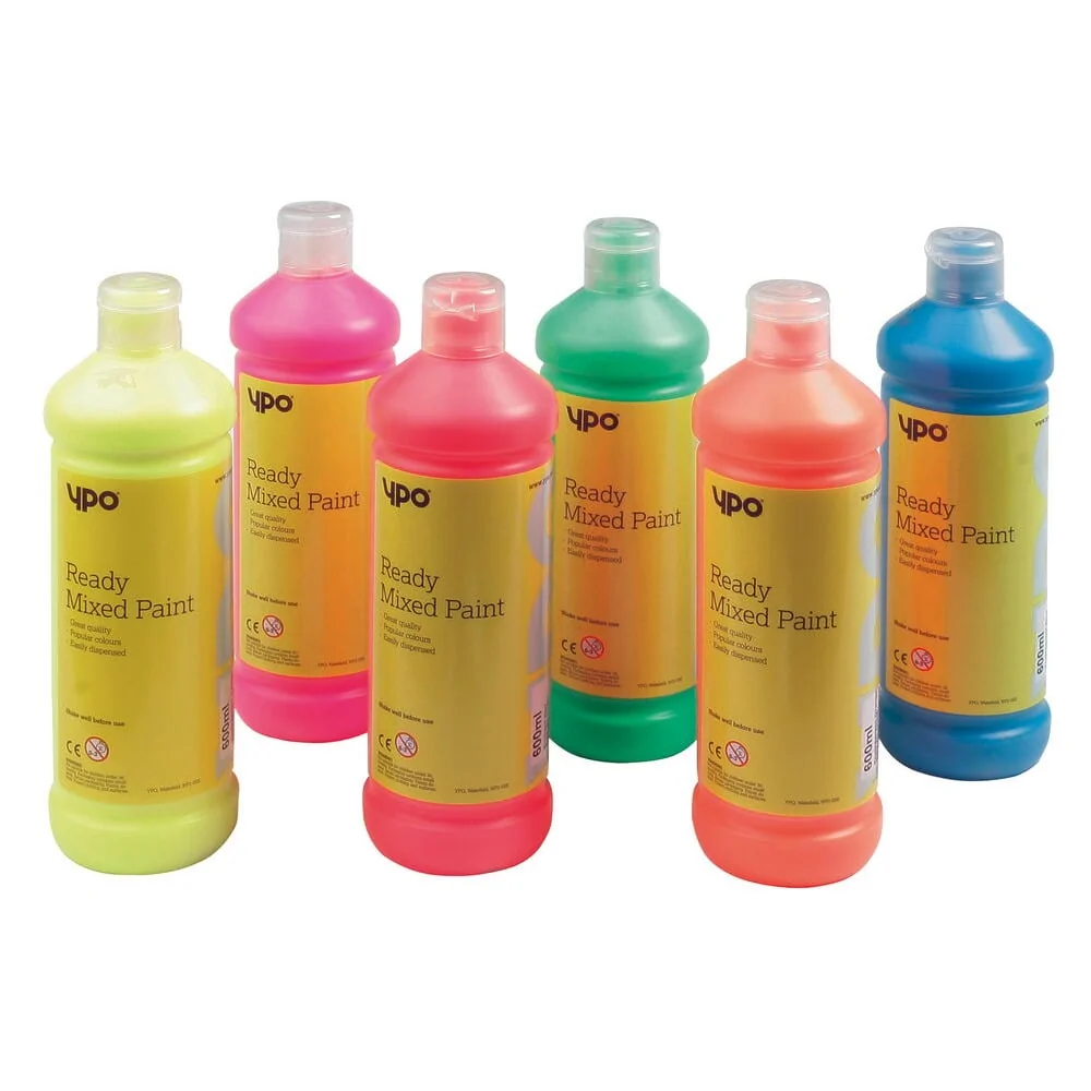 YPO Ready Mixed Fluorescent Paint  Assorted Colours  500ml Bottles - Pack of 6