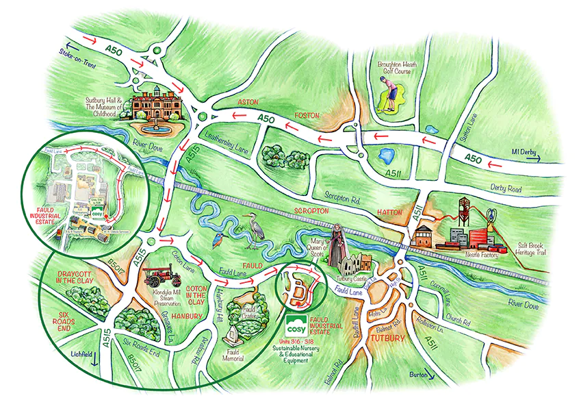 Map showing directions to Cosy Direct, Fauld Industrial Estate